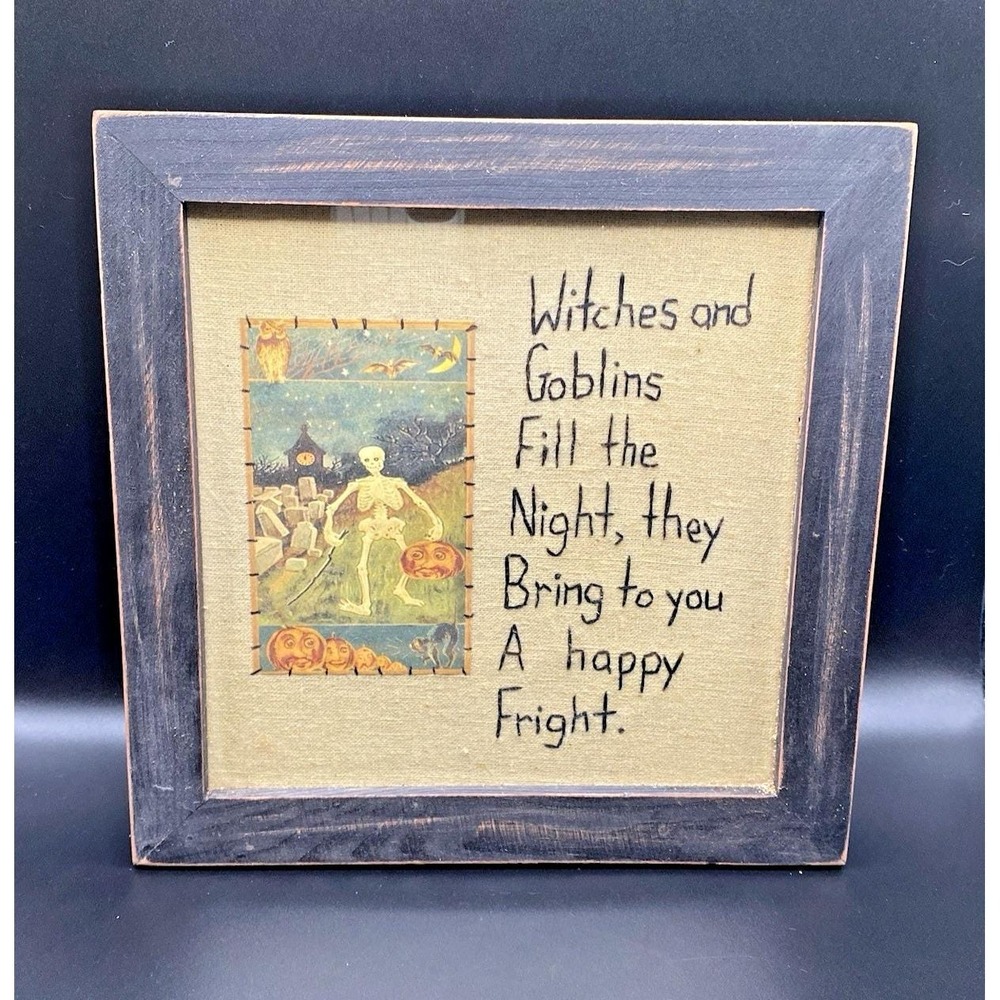 Designs by Kathy Stitched Halloween Primitive Framed Wall or Stand NOS